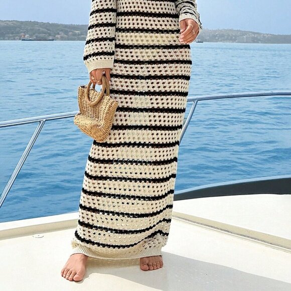 Multicolor Casual Women's Contrast Color Long Sleeve Round Neck Cover-Up - Picture 6 of 7